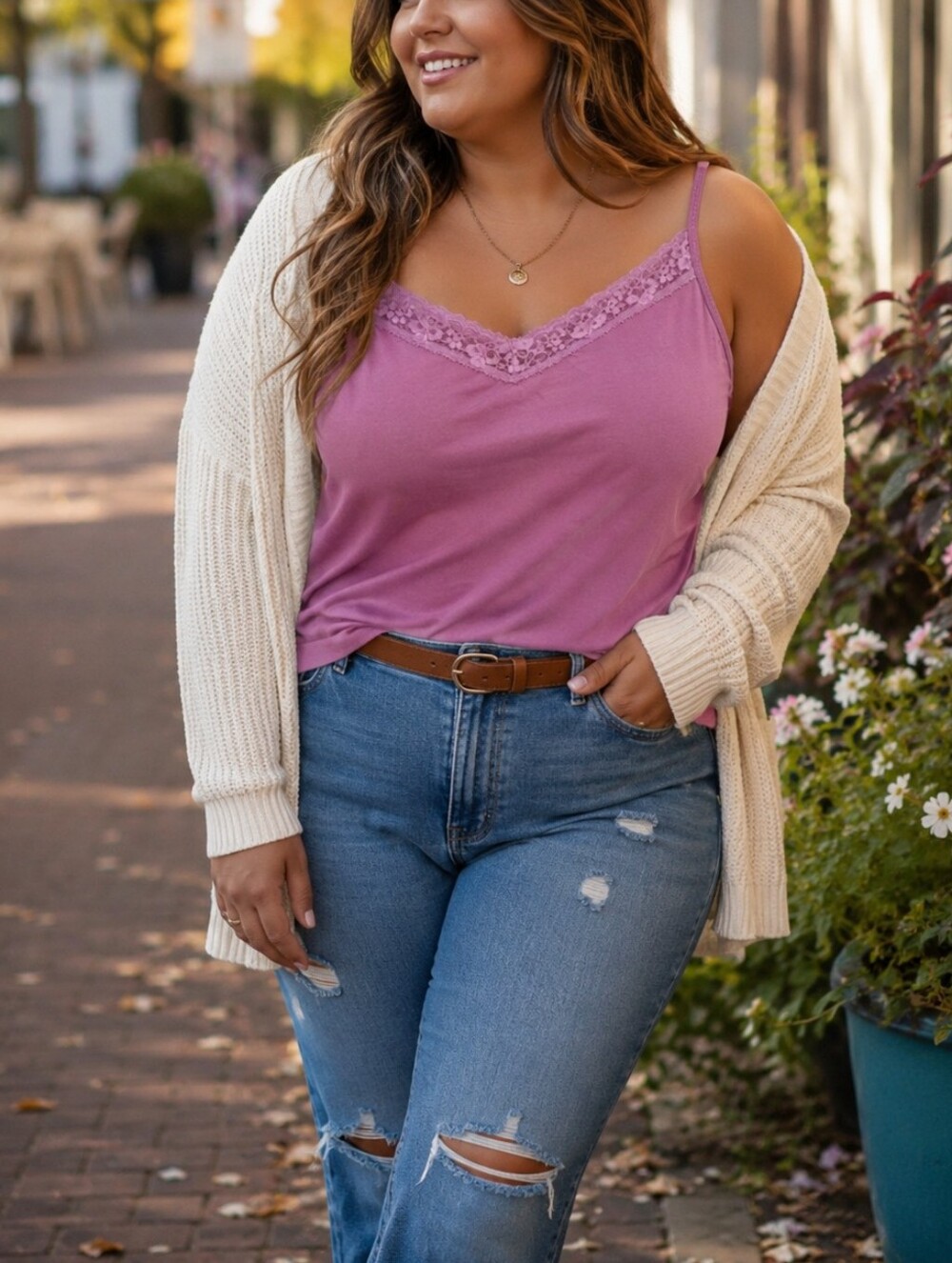 Penningtons Plus Size Pink Lace Trim V-Neck Spaghetti Strap Cami Tank Top